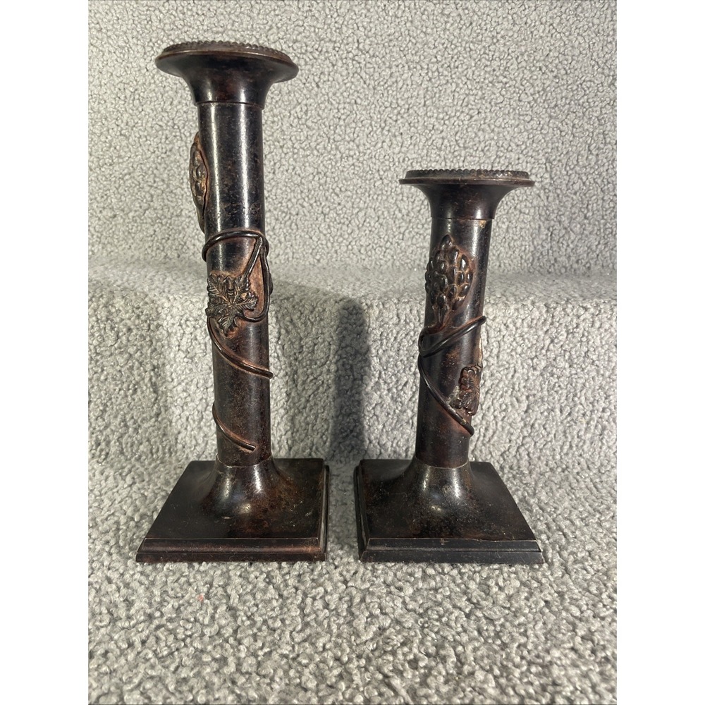 vintage Traditional Italian Bronze Grapevine Mantle Candlestick Holders - a Pair